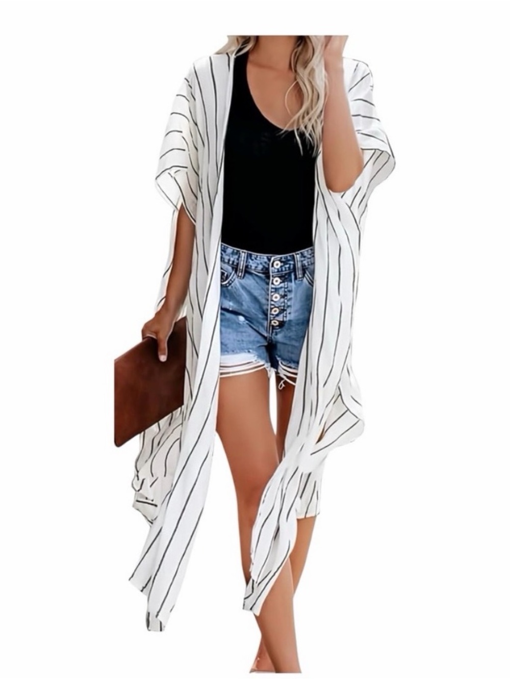 Striped White & Black Long Kimono Cover-Up